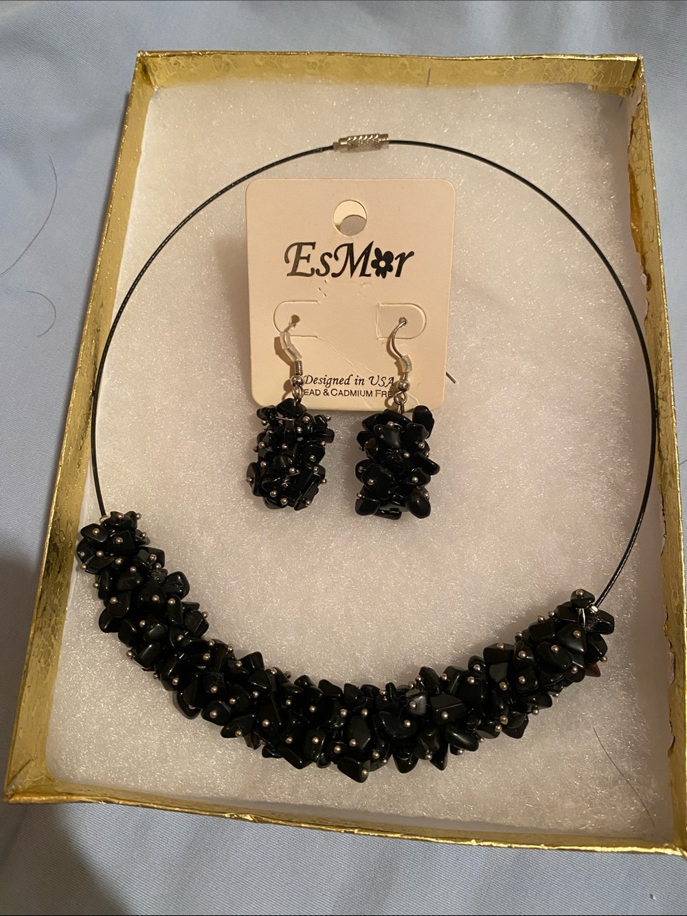Black Cluster Bead Necklace and Earrings Set